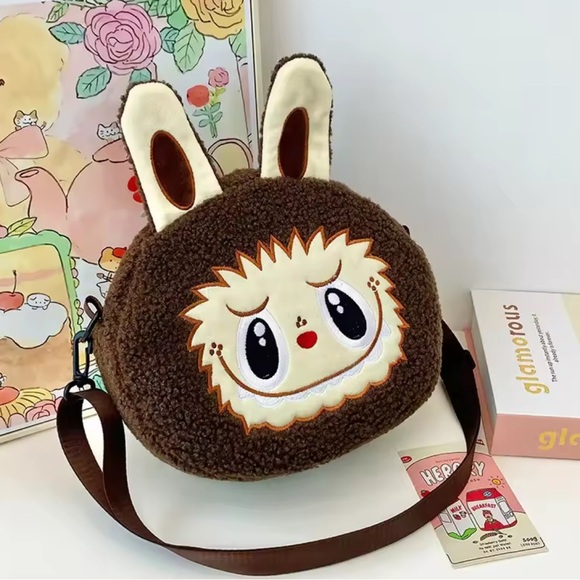 Labubu Inspired Brown Zimomo Theme Fuzzy Crossbody Handbag Purse Character - Picture 3 of 10